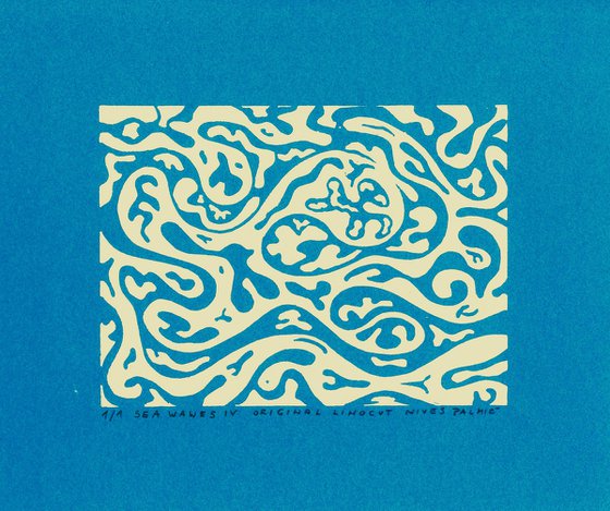 SEA WAVES IV linocut white on blue