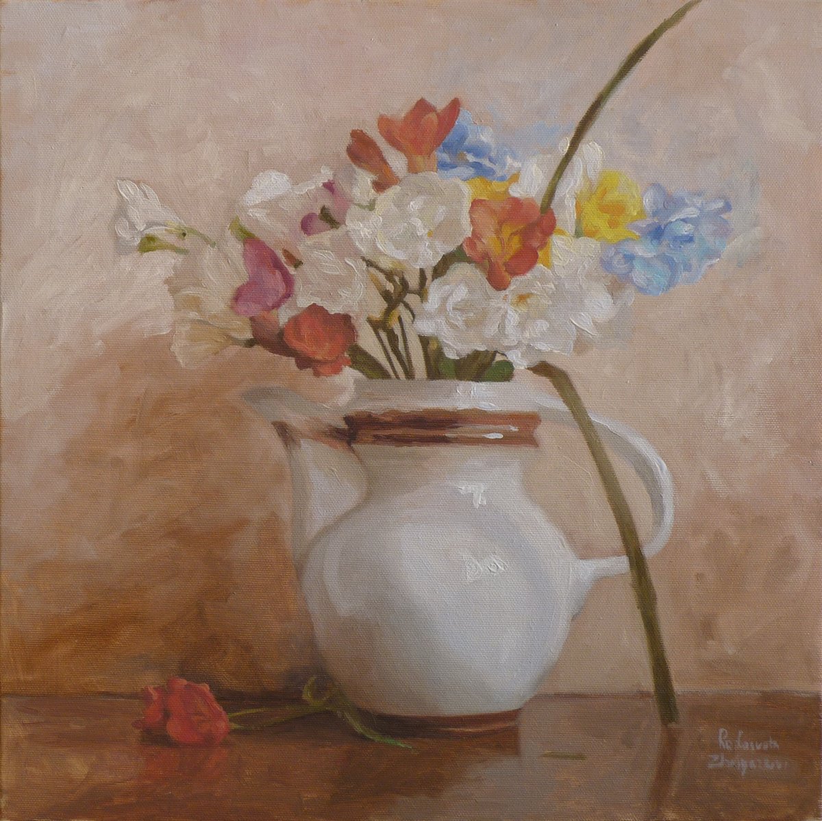 Elegant freesias in a porcelain pitcher by Radosveta Zhelyazkova