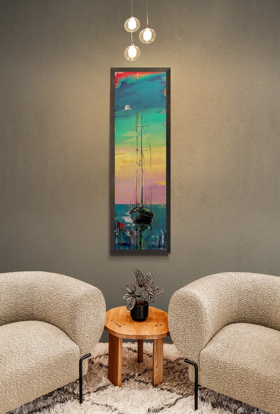 Big vertical painting - "Bright dawn" - delicate color - sunset - sailing boat - seascape