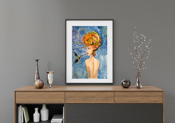 Female Painting Portrait Original Art Abstract Woman Portrait Hummingbird Watercolor Lady with Bird Artwork Home Wall Art 12 by 17" by Halyna Kirichenko