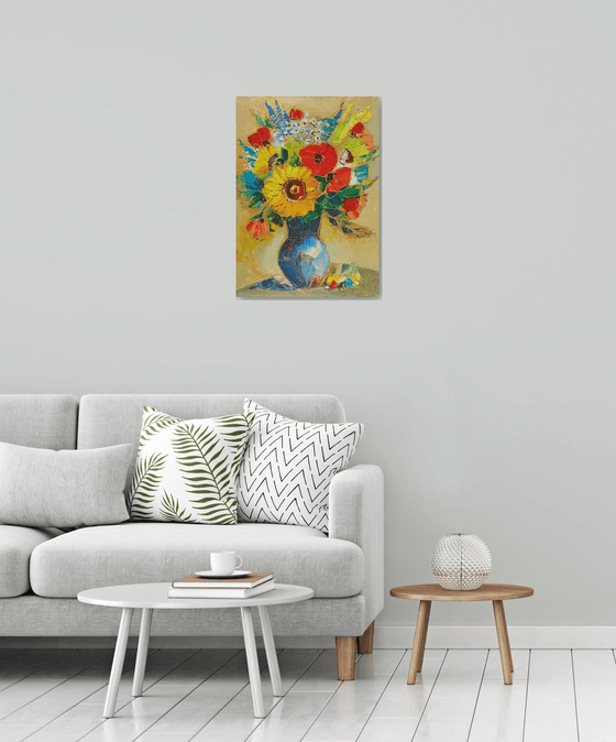 Field flowers in vase-2 (50x70cm, oil painting,  ready to hang)