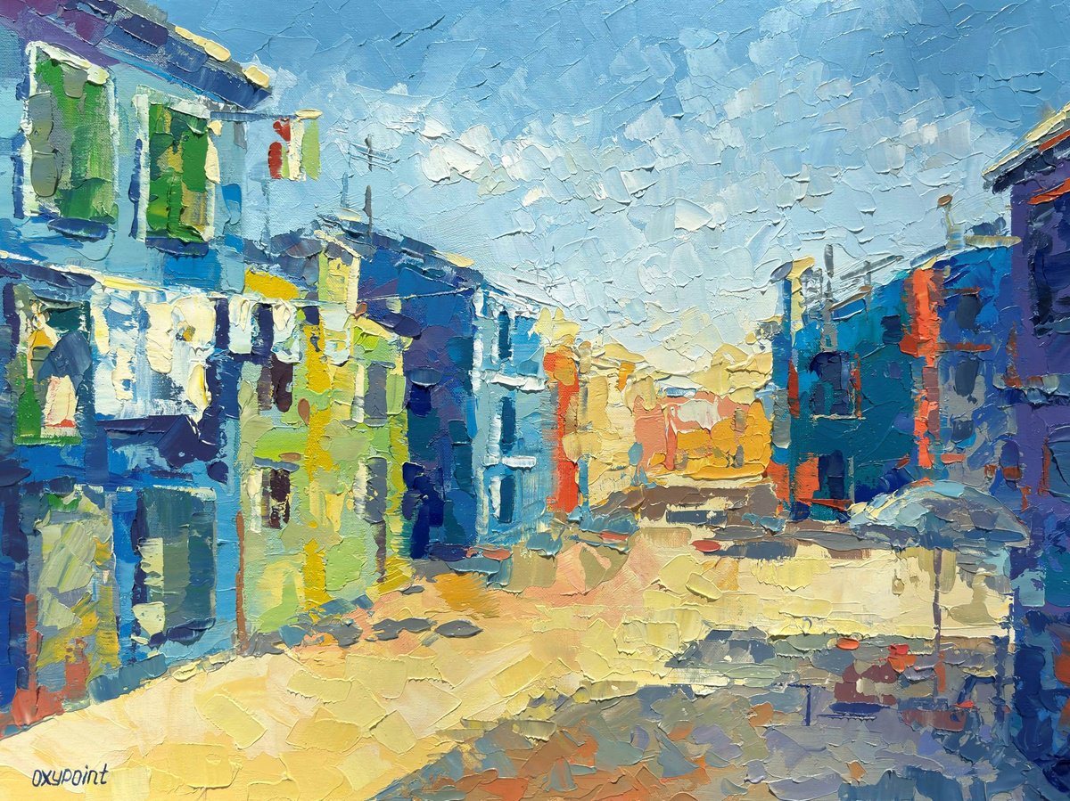 Impressionistic Cityscapes Oil Painting By Oxypoint, 16 X 12", "The Colorful Streets Of Burano", Original Artwork