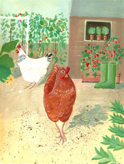 Vegetable Plot with Chickens by Mary Stubberfield