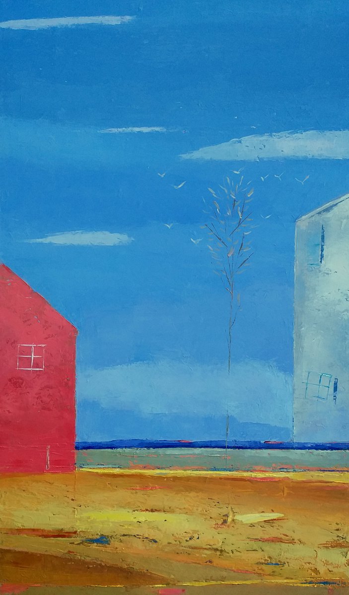 Abstract Landscape Oil Painting By Kestutis Jauniskis, 12 X 20", Beside The Tree, Original Artwork