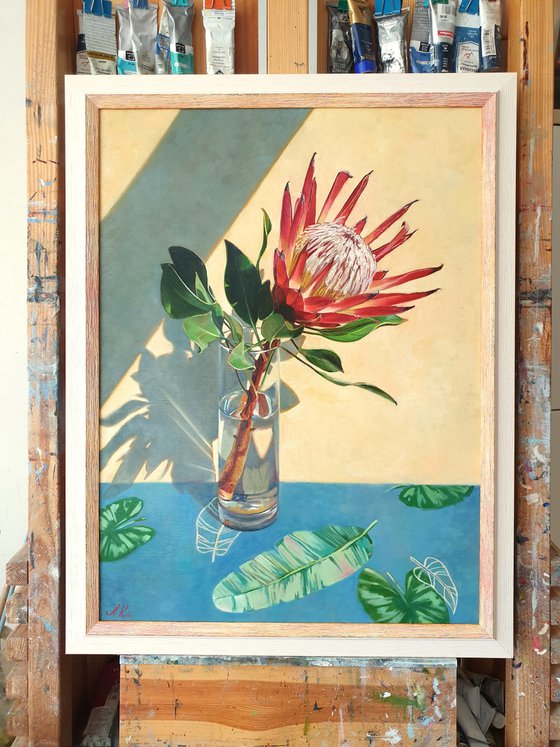 "African rose."  still life summer Protea flower liGHt original painting  GIFT (2020)