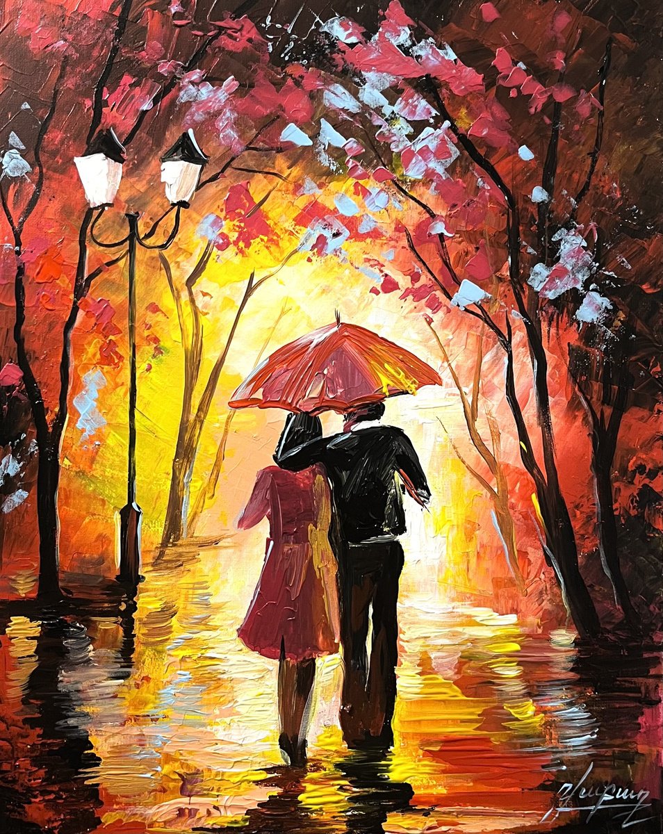 Impressionistic Portrait Oil Painting By Vahe Bagumyan, 12 X 16", Romance In The Rain, Original Artwork