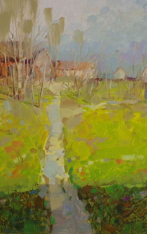 Through the Village, Landscape oil painting, One of a kind, Signed, Handmade artwork by Vahe Yeremyan
