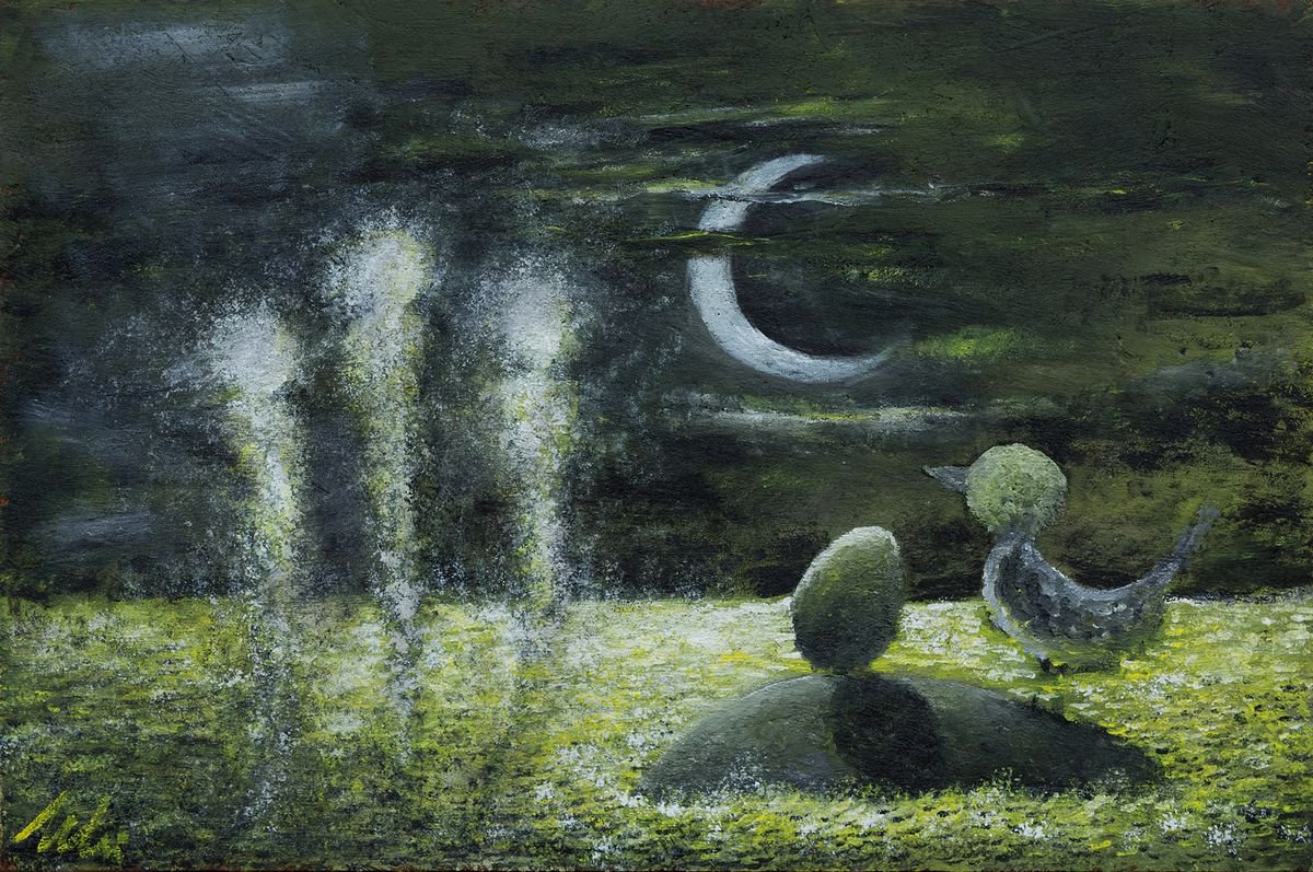 Naive Animal Acrylic Painting By Peter Zelei, 25 X 16", The Three Fates, Original Artwork