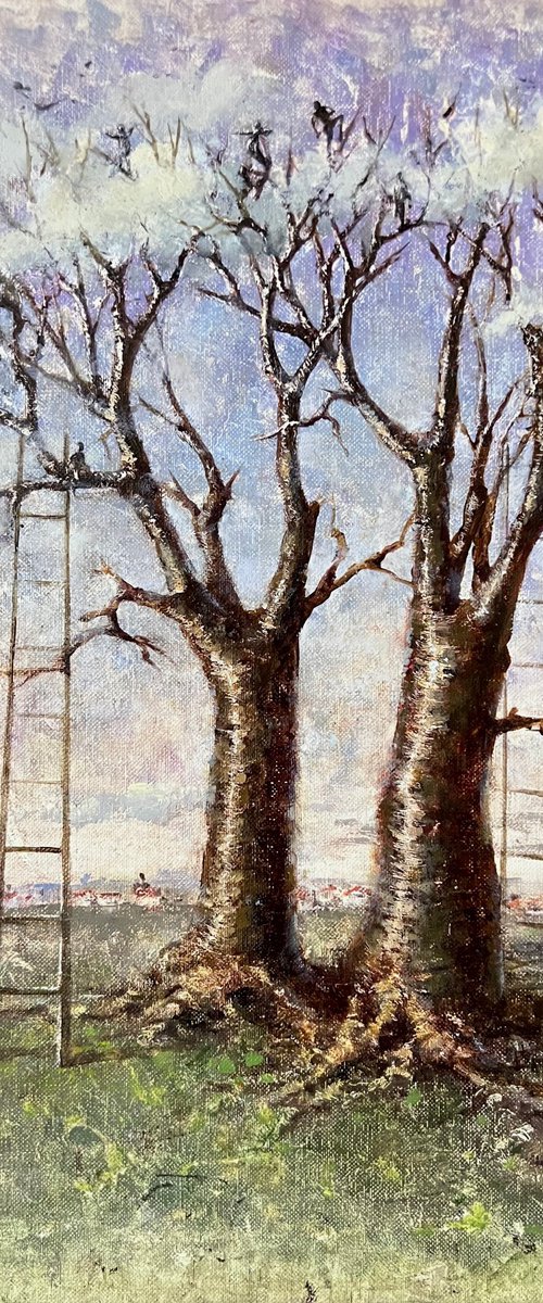 Ancient trees dusky Purple landscape by Yuliya Odukalets