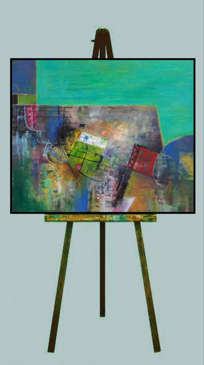 Abstract Painting, Landscape Sequence, Green Mint Oil Canvas Art by Constantin Galceava