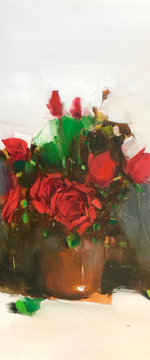 Vase of Roses, Oil painting, One of a kind, Signed, Handmade artwork by Vahe Yeremyan