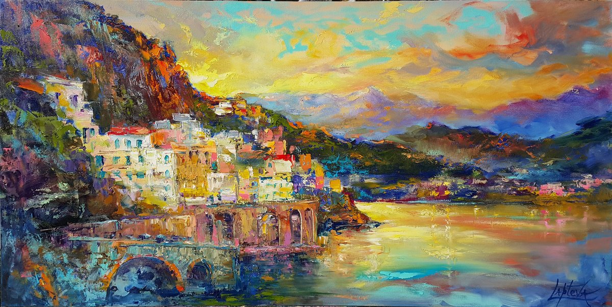Expressive Oil Painting , Amalfi Coast Amalfi Atrani By Viktoria Lapteva, 38 X 19, Artwork For Sale On Artfinder