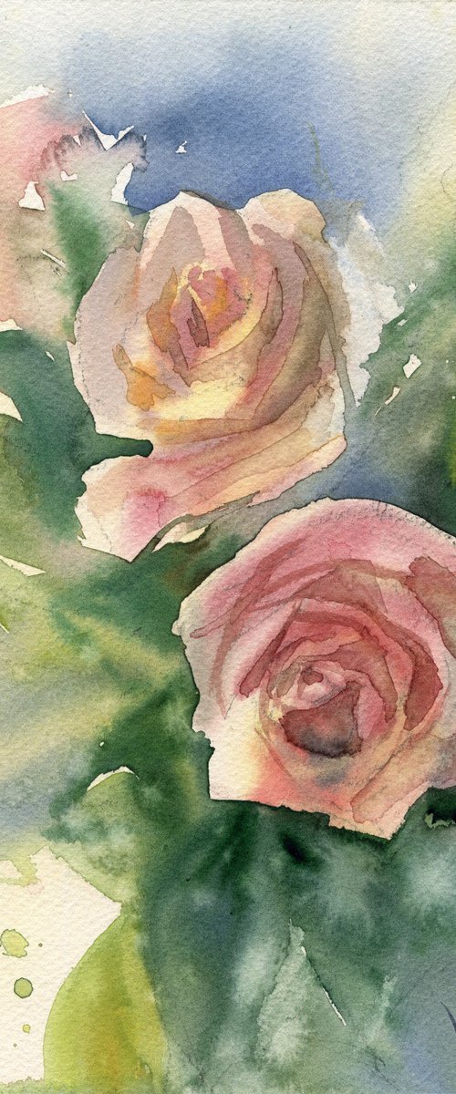 Delicate pink roses, watercolor ala prima by SVITLANA LAGUTINA