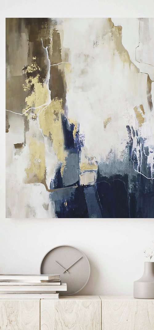 "Blue Flood 2" Navy blue brown abstract art by Yana Sagan