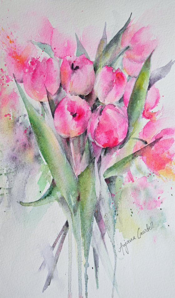 Original painting of a bunch of pink tulips