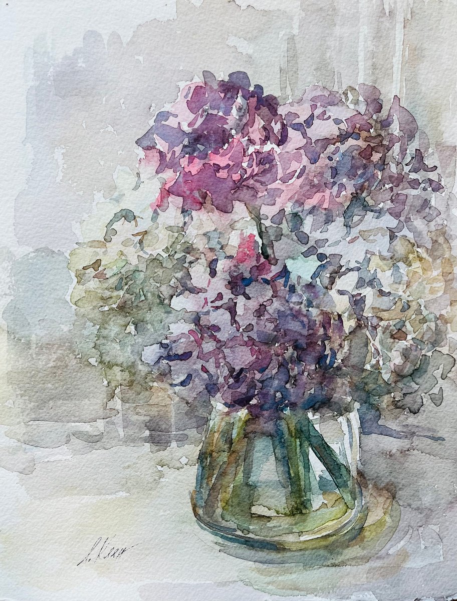 Impressionistic Still Life Watercolour By Elena Klyan, 10 X 13, Hydrangea 11 2022, Original Artwork
