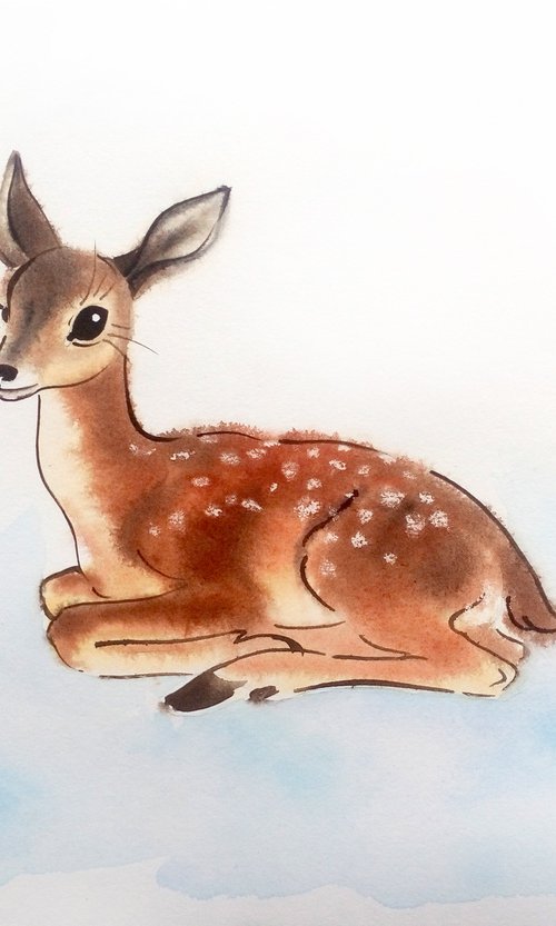 Fawn Lying Down by Olga Beliaeva Watercolour