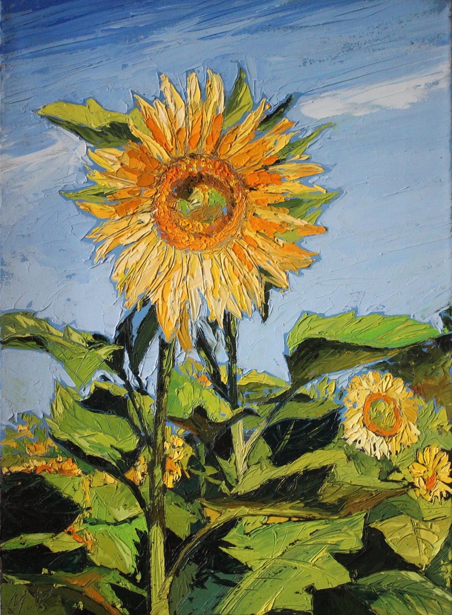 Impressionistic Botanical Oil Painting By Volodymyr Melnychuk, 16 X 22", Sunflower, Original Artwork