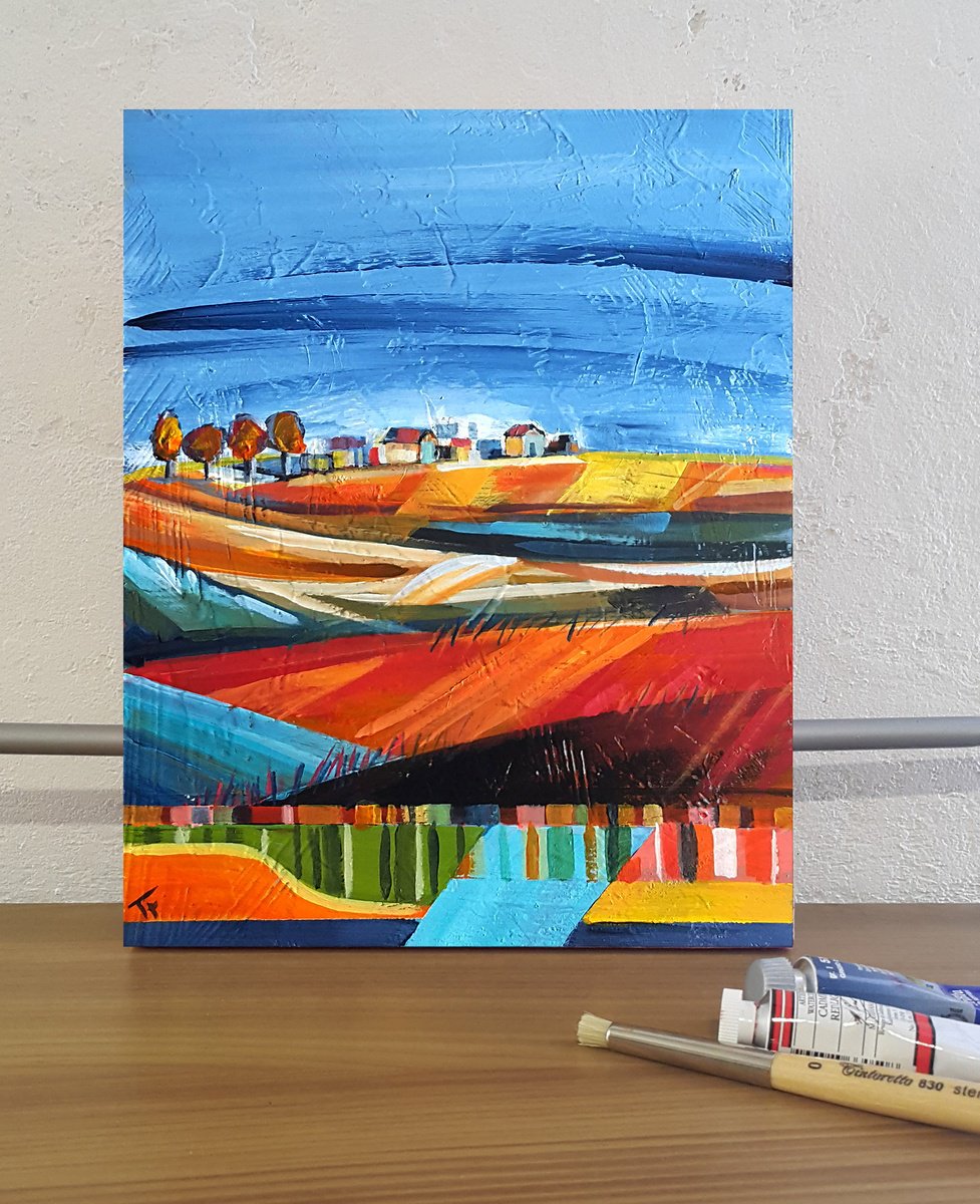 Impressionistic Landscape Acrylic Painting By Trayko Popov, 8 X 10", Village Before Storm, Original Artwork