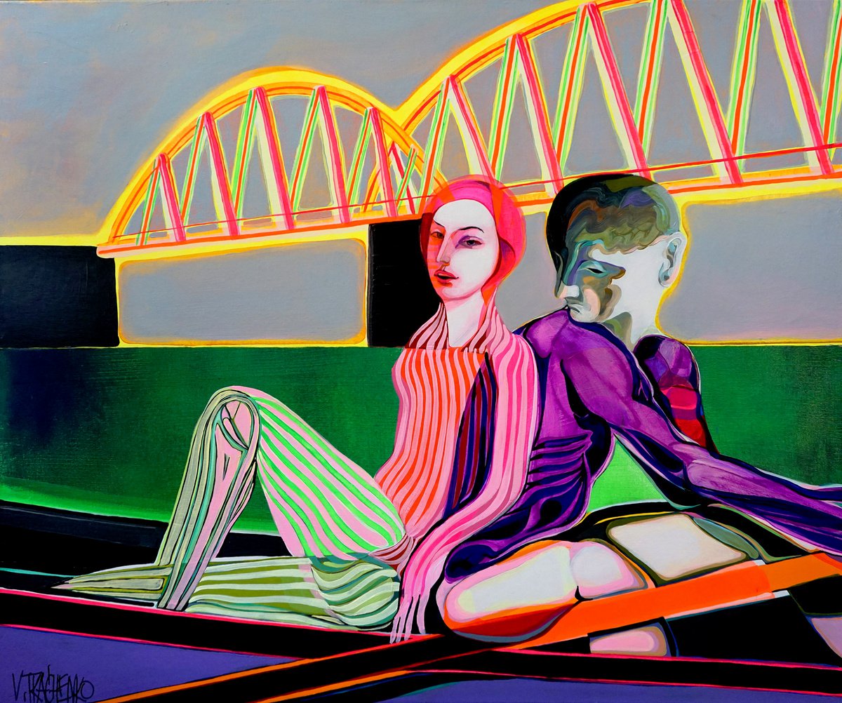 Organic Portrait Acrylic Painting By Victor Tkachenko, 36 X 30", Yellow Bridge, Original Artwork