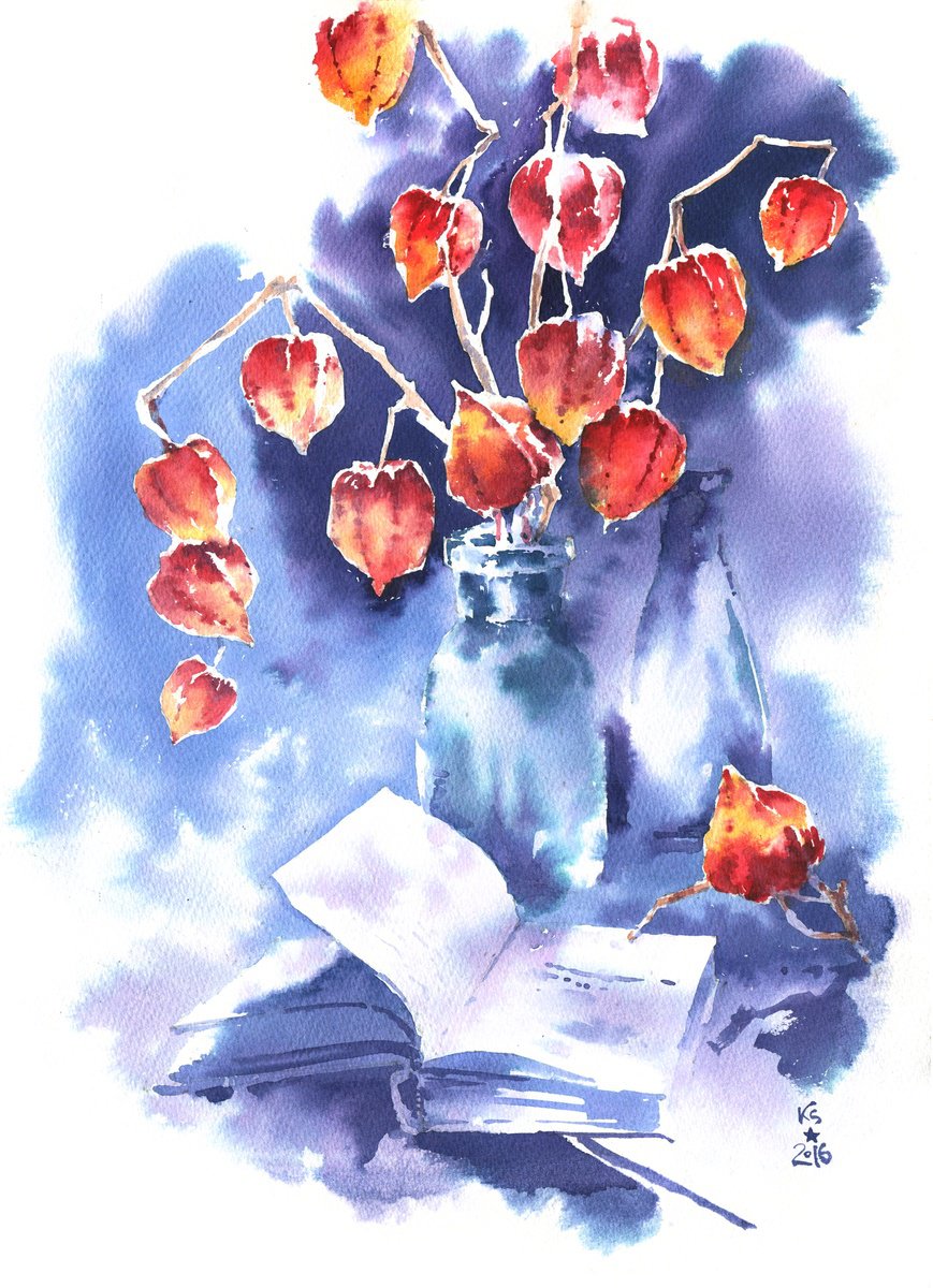 Still life with physalis branches and a book in the garden watercolor by Ksenia Selianko