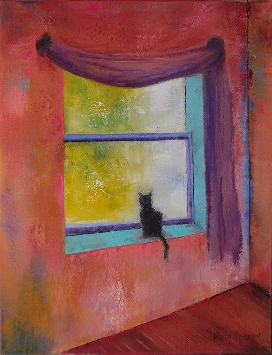 Cat with Purple Curtain