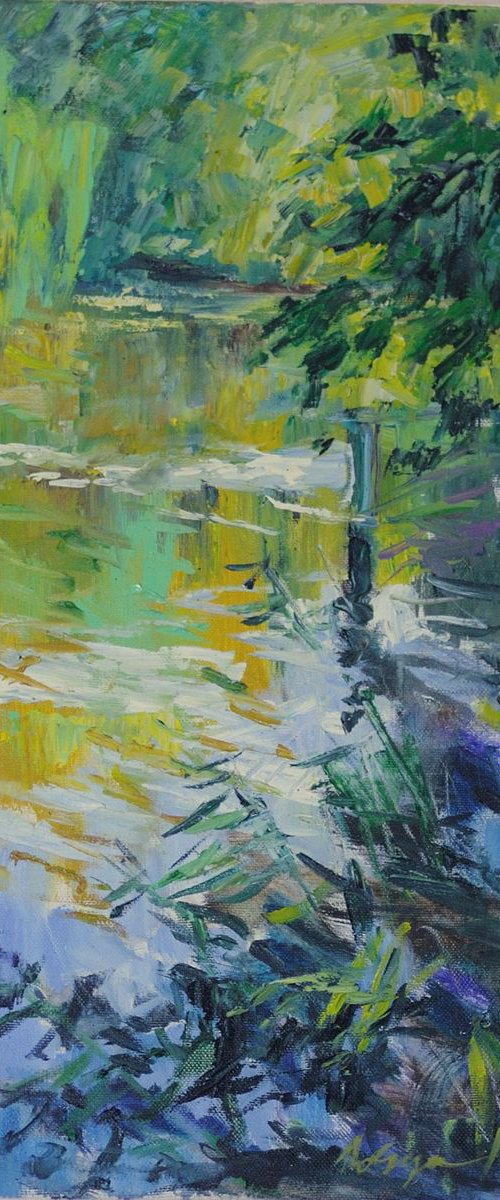 Early autumn river landscape  fall  impressionistic modern original oil painting by Nataliia Nosyk