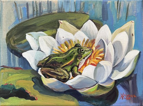 The Frog Princess. Frog on a water lily. Frog and waterlilies. by Natalia Veyner