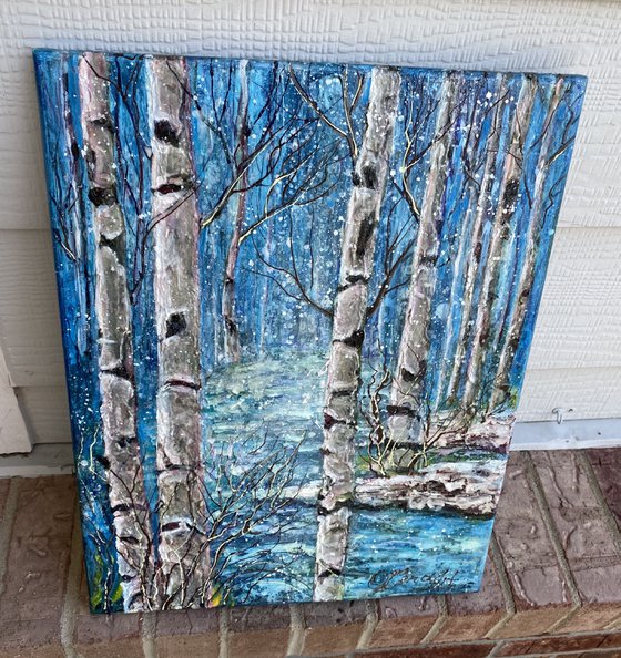 Winter Birch Trees -  Monochrome  in Blue Impasto Original Painting  (palette knife)