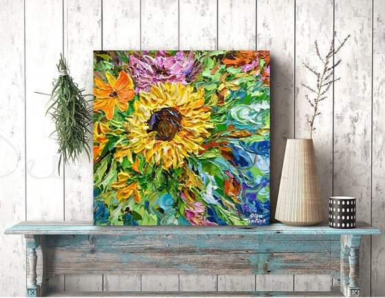 Sunflower in the garden - Original Floral Painting on Canvas, Palette Knife Art, Textured Impasto Artwork