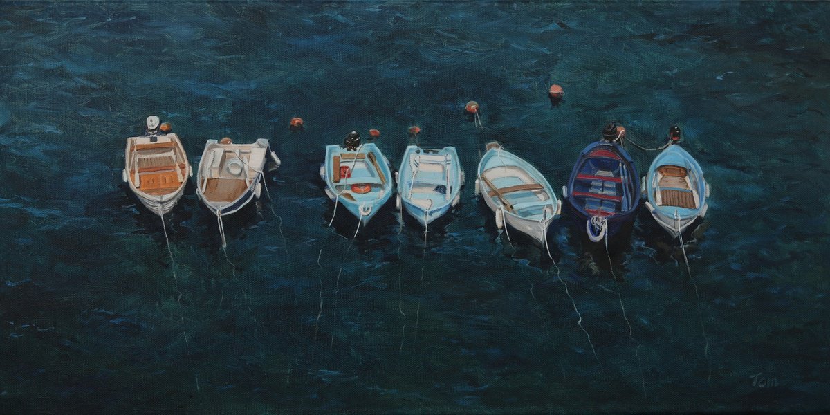 Animal Oil Painting By Tom Clay, 24 X 12", Fishing Boats On Moorings, Original Artwork