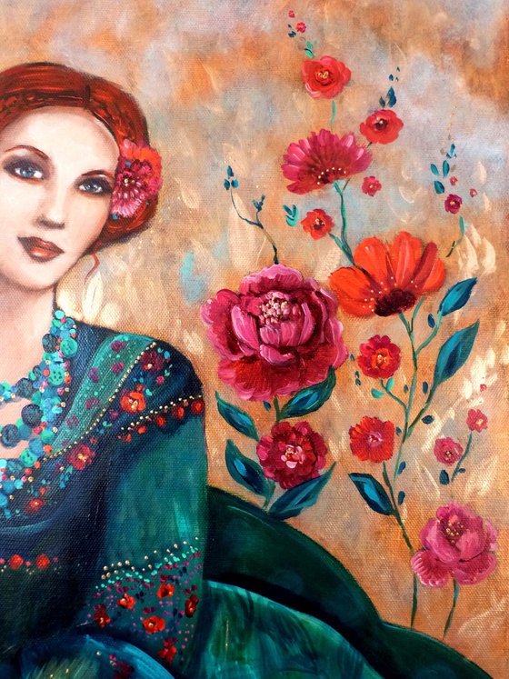 Adagio indigo 46 x 55 cm. Redheaded woman with shawl