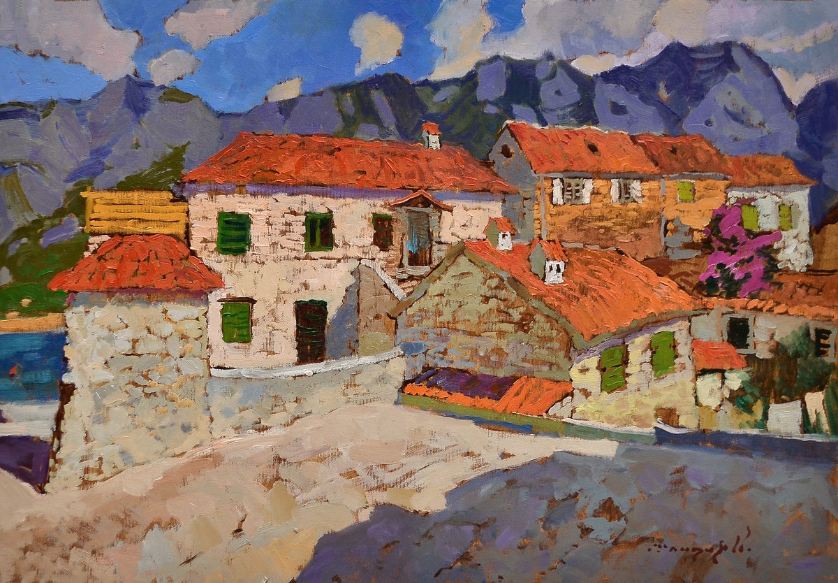 Impressionistic Landscape Oil Painting By Alexander Shandor, 26 X 19, The Roofs Of Montenegro, Original Artwork