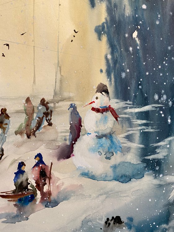 Sold Watercolor “Childhood games. Winter” perfect gift