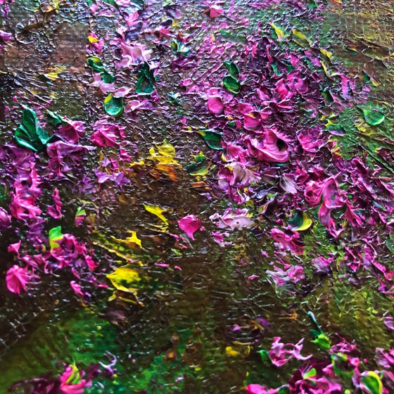 FOREST INSPIRATION - Forest. Flowers. Spring. Gift. Offseason. Miniature. Quick drawing. Three-dimensional painting. Pink flowers. Interior. Design. Landscape. Impasto. Palette knife. The Best Solution. Gift.