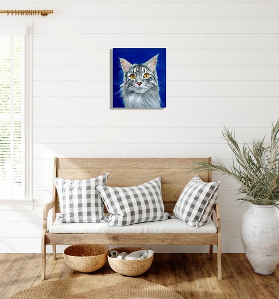 Grey Cat, Cat Oil Painting Maine Coon Original Art Pet Artwork 45x50 cm, ready to hang.