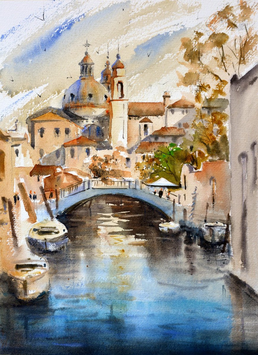 Venice Canal in red and blue Venice Italy 25x36 cm 2020 by Nenad Kojic watercolorist