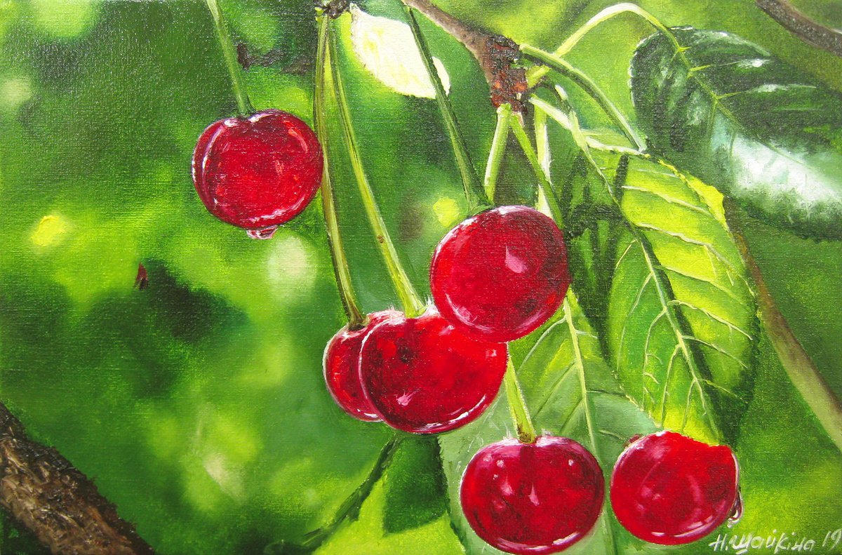Cherries Original oil Painting, Red Berry Painting on Canvas, Fine art, Painting Cherry, R... by Natalia Shaykina