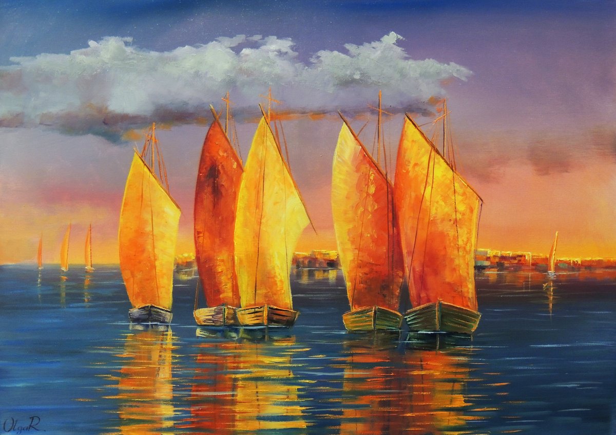 Impressionistic Landscape Oil Painting By Olga Riabchuk, 28 X 20", In The Rays Of The Sunset, Original Artwork