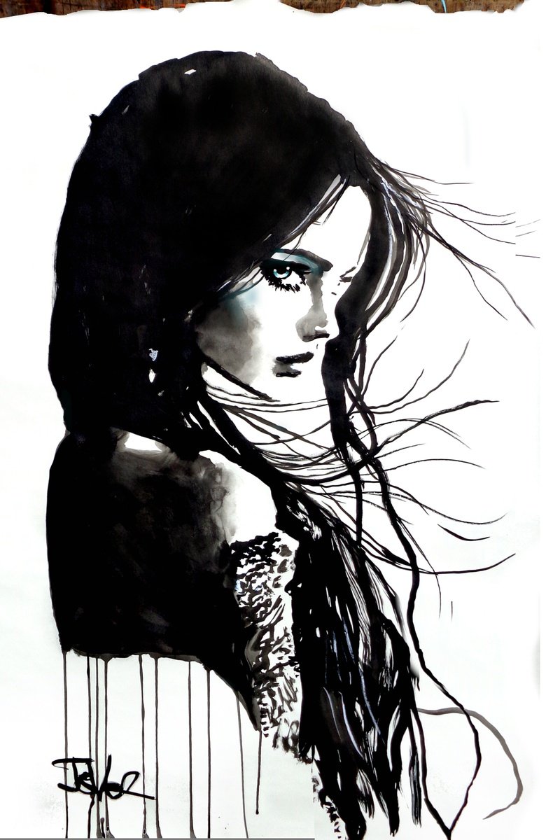 Impressionistic Portrait Ink Drawing By Loui Jover, 30 X 45", Pale Moon, Original Artwork