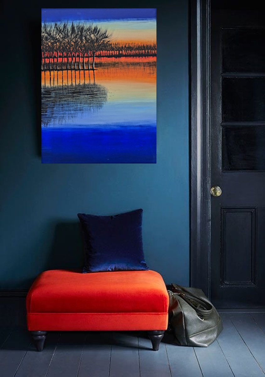 Impressionistic Landscape Acrylic Painting By Danijela Dan, 24 X 31, Winters Sunset, Original Artwork