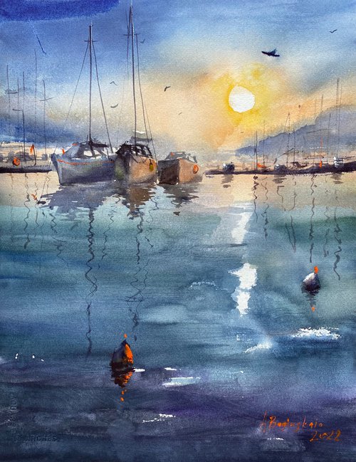 Boats at Sunset - original seascape watercolor by Anna Boginskaia