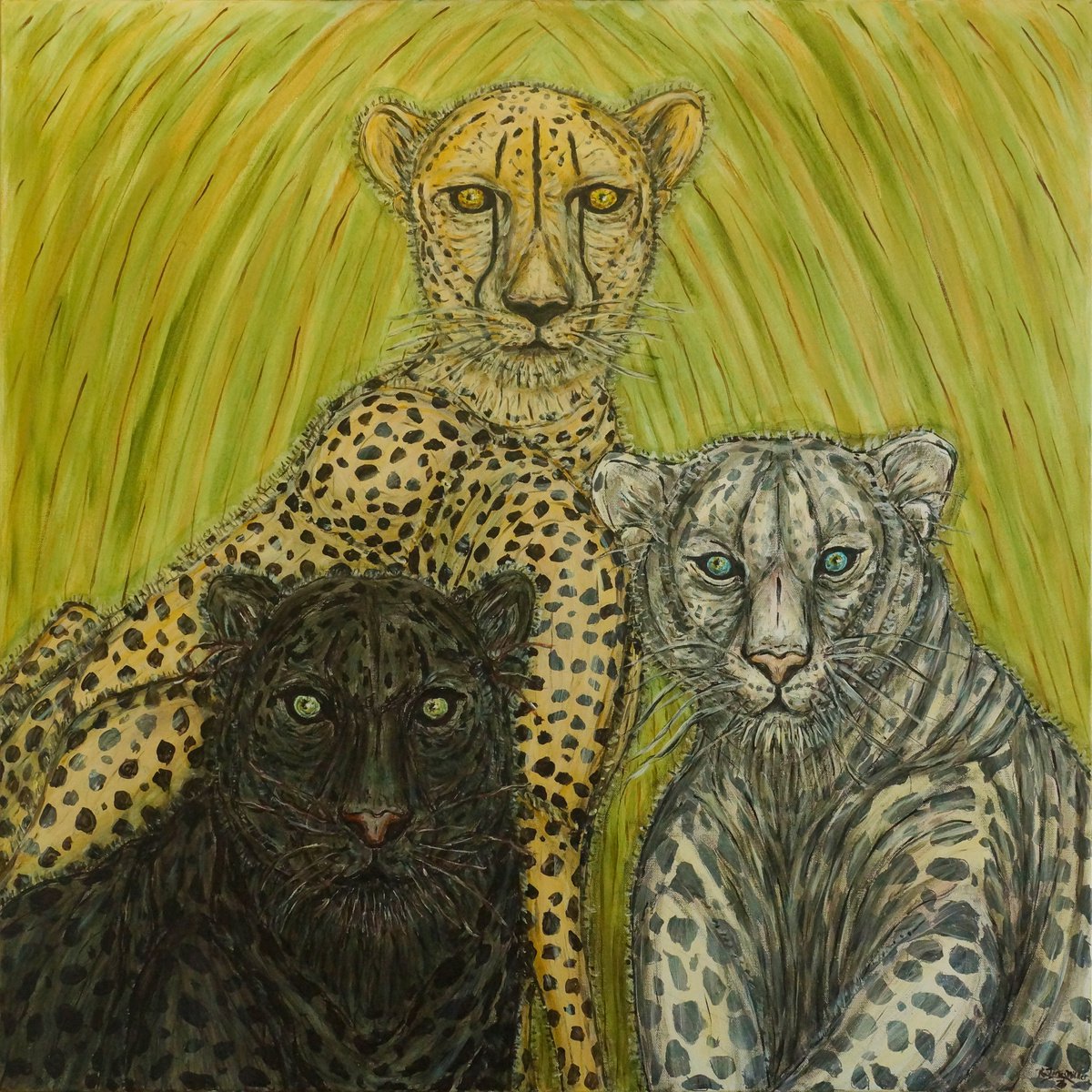 Impressionistic Animal Oil Painting By Kim Jones Miller, 36 X 36", Three Sisters, Original Artwork
