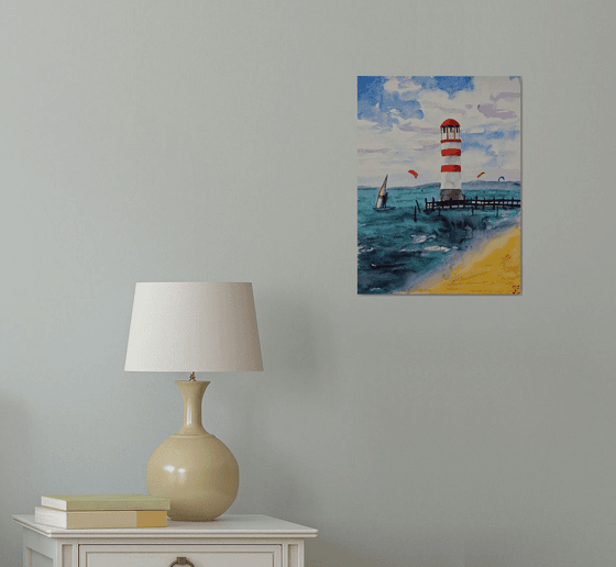 Lighthouse watercolor original painting, seascape wall art, coastal home decor