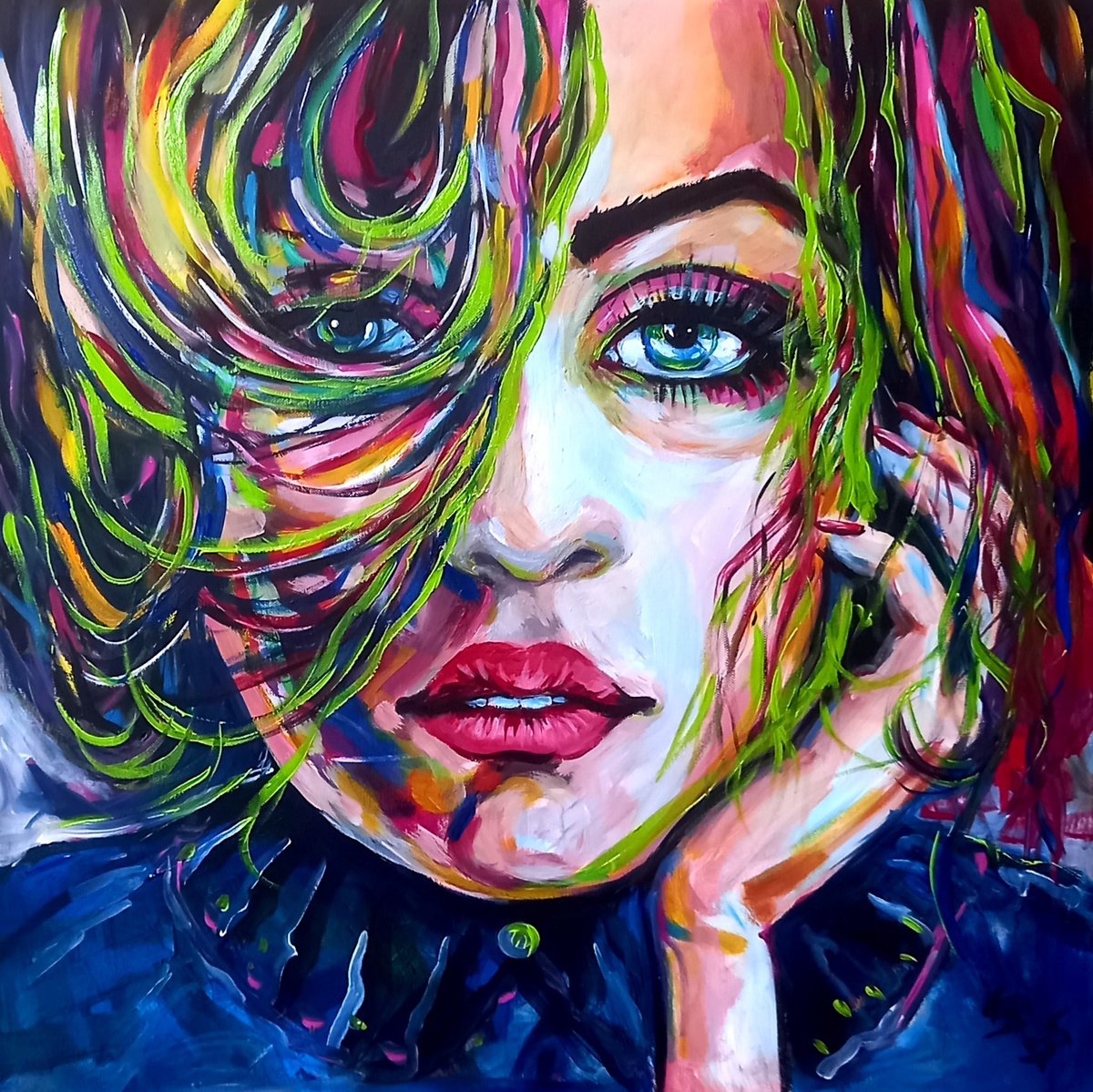 Expressive Portrait Acrylic Painting By Kovacs Anna Brigitta, 28 X 28", I Think About You, Original Artwork