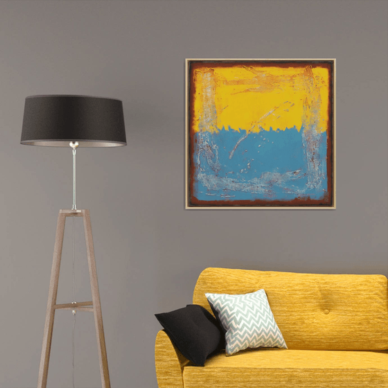 Once in Yellow & Blue Square - Ronald Hunter - Abstract Painting - Incl Frame - 34A