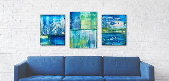 "Just Chillin" - Save As A Series - Original PMS Abstract Acrylic Painting Triptych On Canvas - 50" x 24"