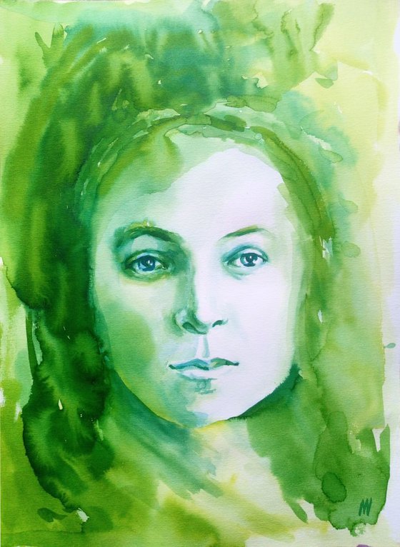 PORTRAIT - Green Forest Queen.- ORIGINAL WATERCOLOR PAINTING.