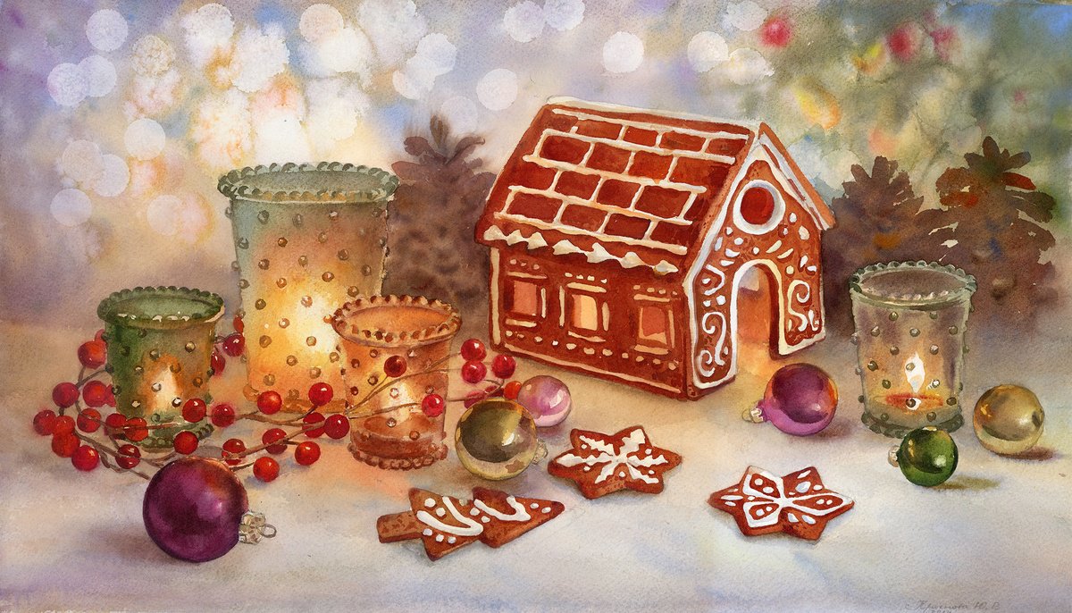 Still Life Watercolour By Yulia Krasnov, 22 X 13", Gingerbread House, Original Artwork