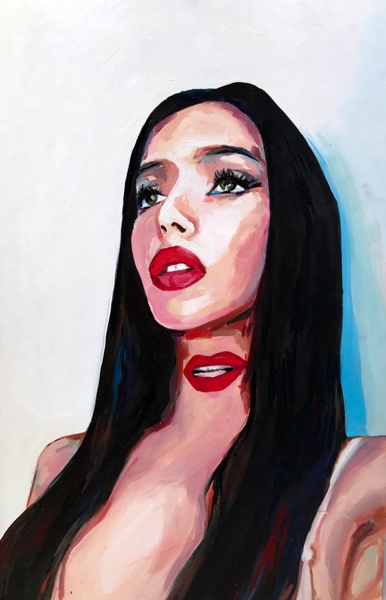 INNER VOICE _ original oil painting, woman, portrait, black hair, red lips, home decor, gift, white, blue, sex and nude